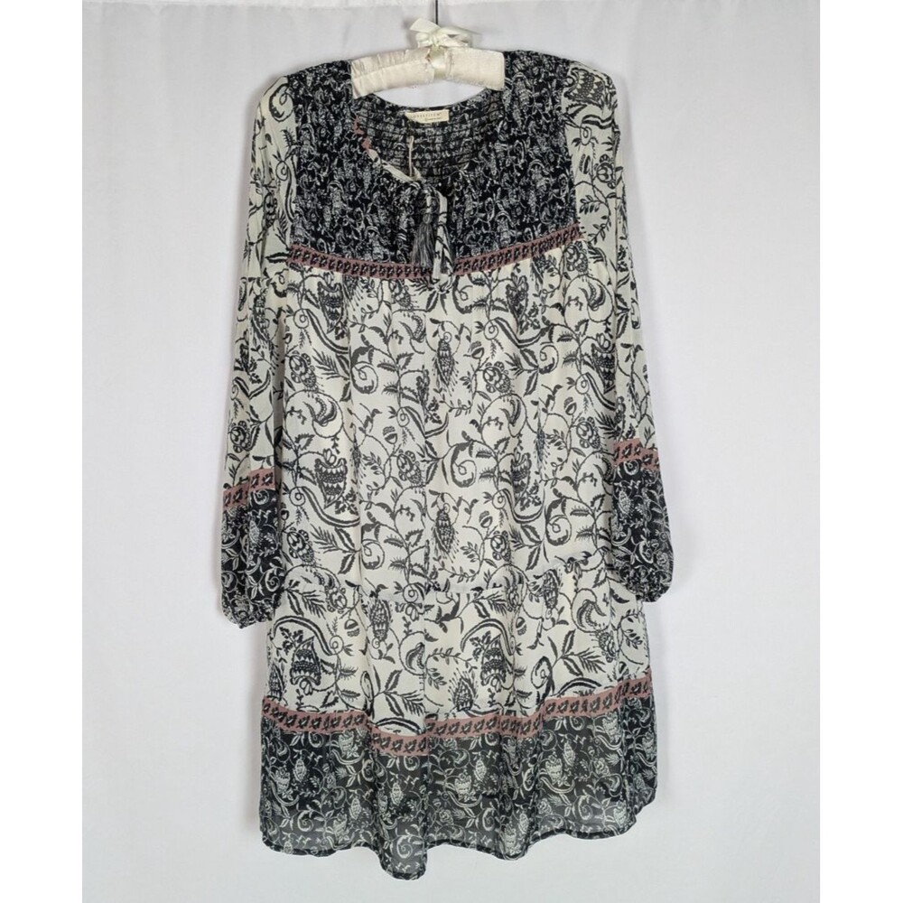 Lovestitch Black Ivory Mixed Floral Smocked Tassel Tie Boho Peasant Dress S
